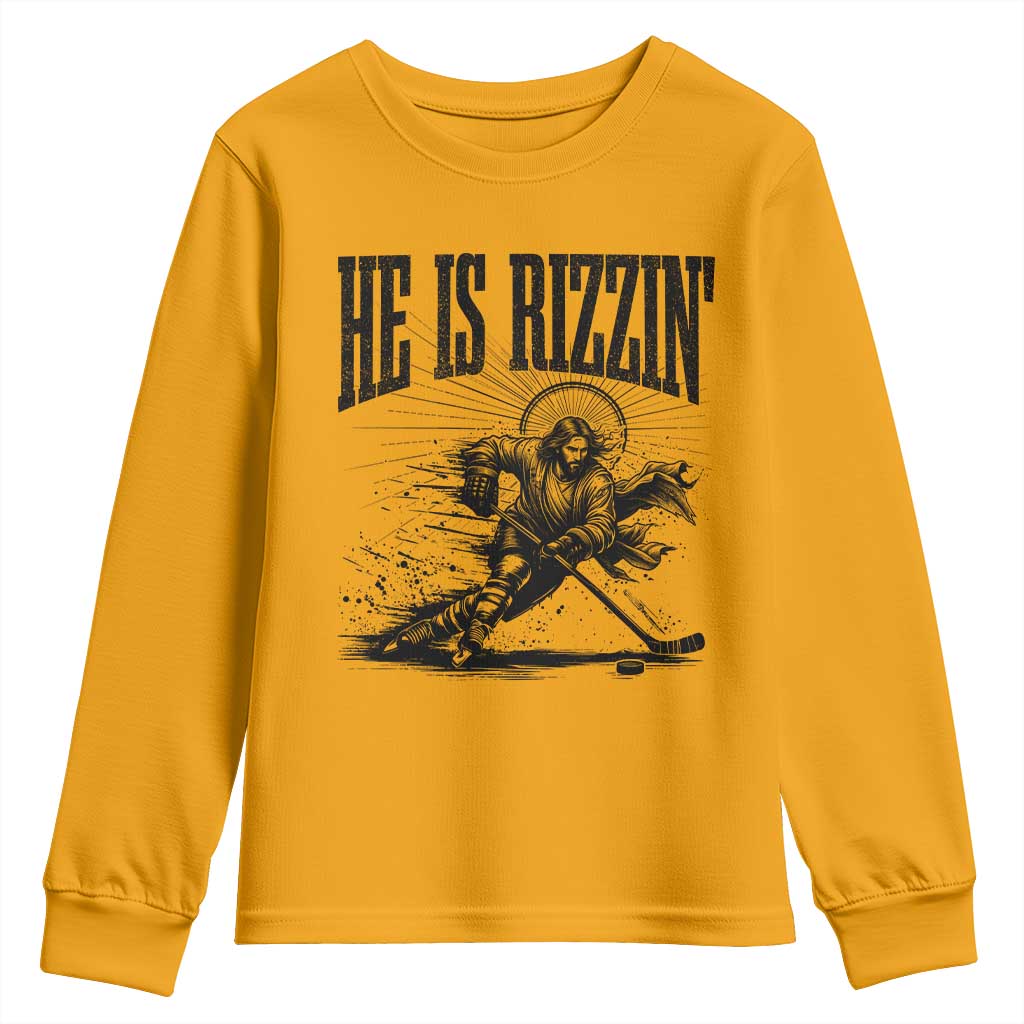 Funny Jesus Hockey Youth Sweatshirt He Is Rizzin'