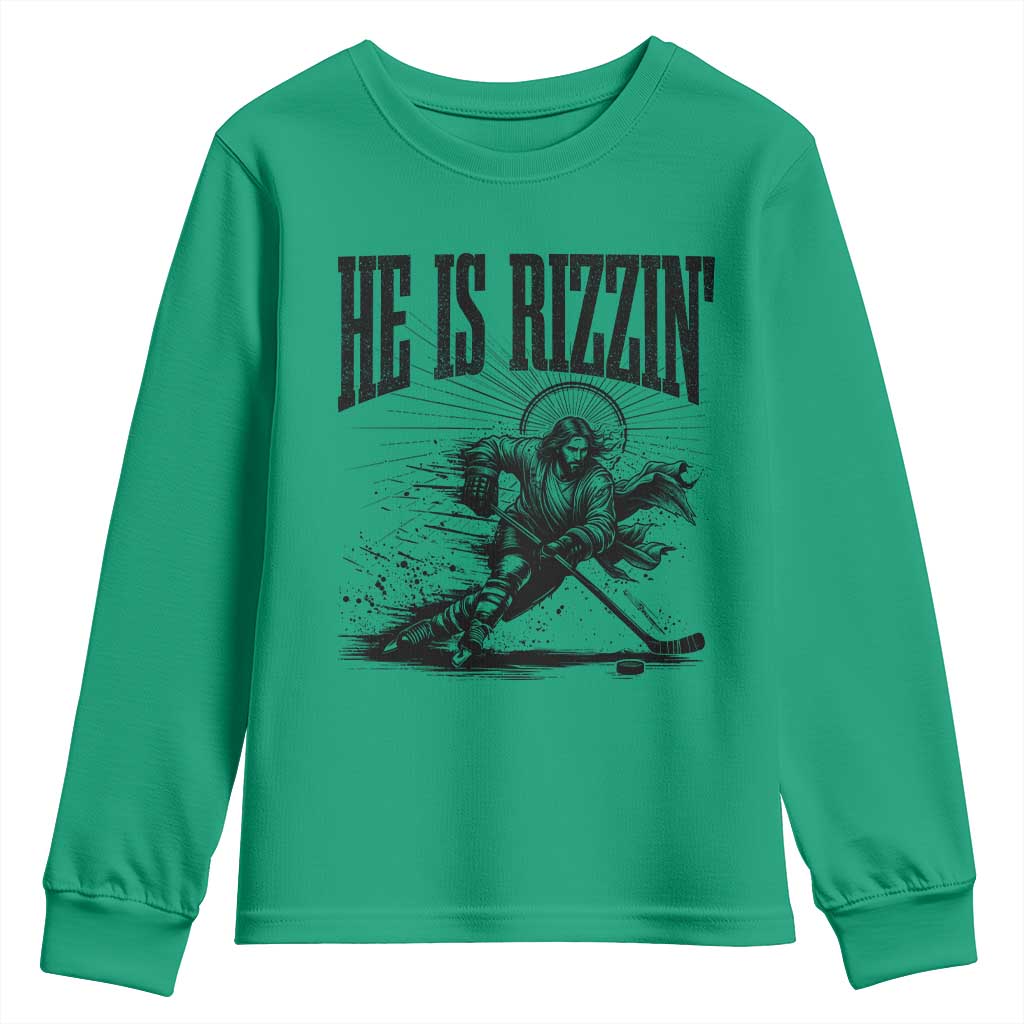Funny Jesus Hockey Youth Sweatshirt He Is Rizzin'