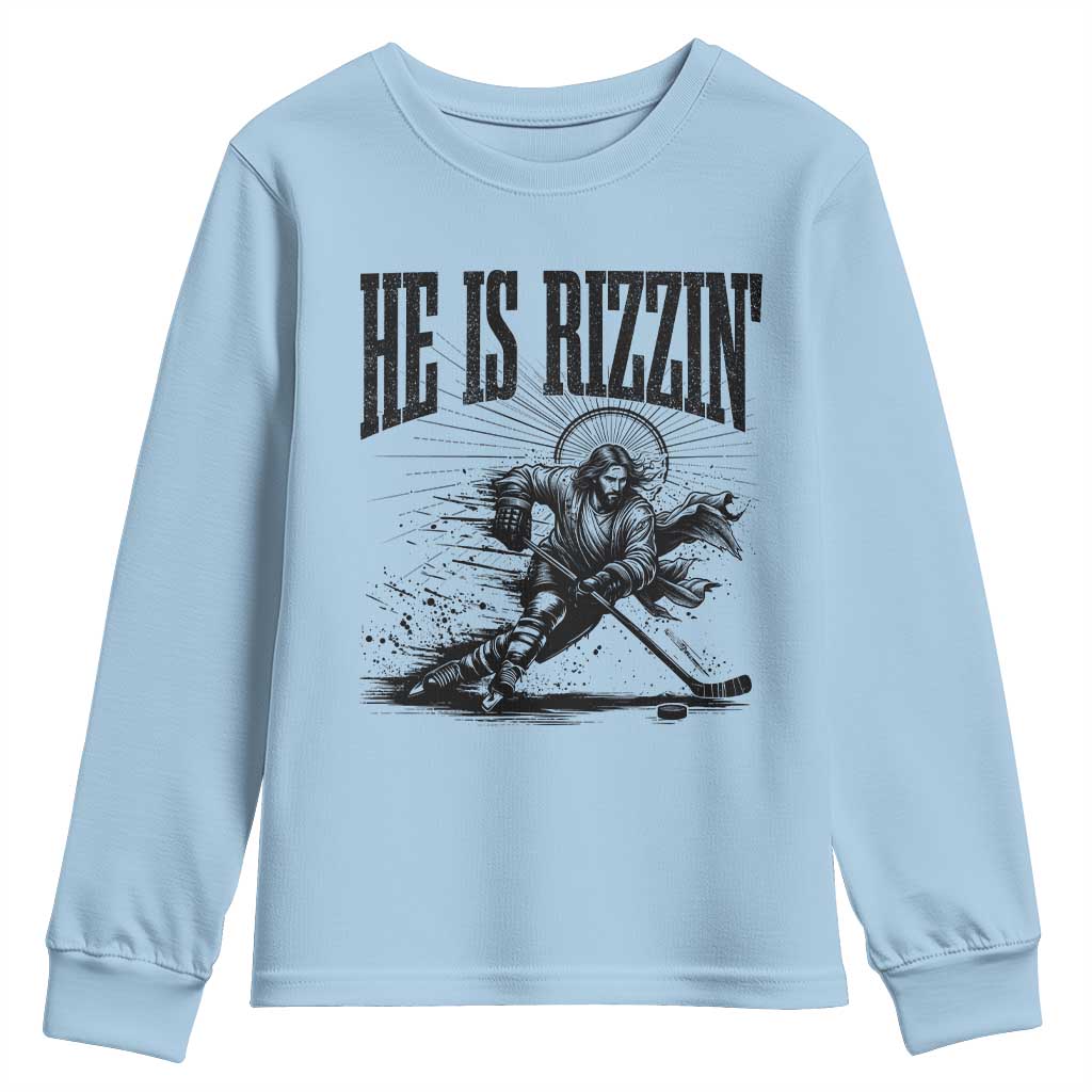 Funny Jesus Hockey Youth Sweatshirt He Is Rizzin'