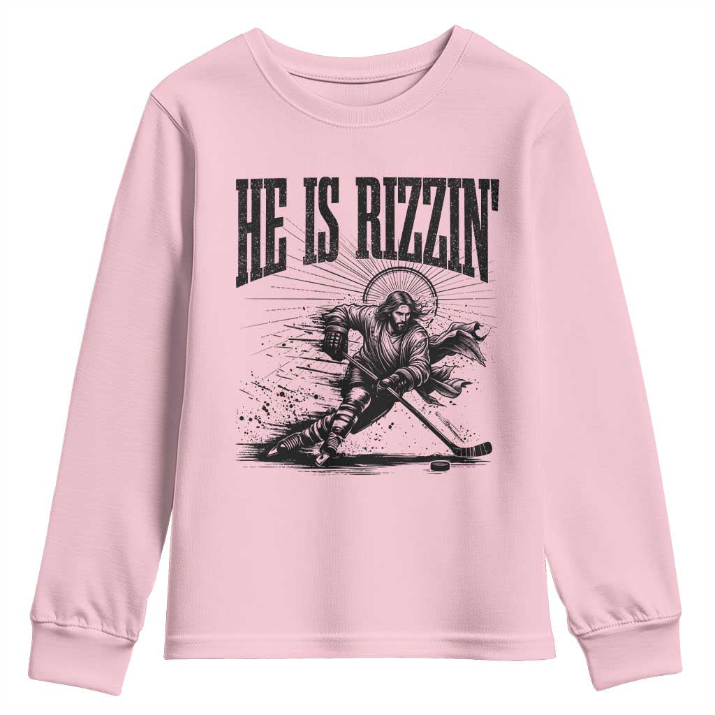 Funny Jesus Hockey Youth Sweatshirt He Is Rizzin'