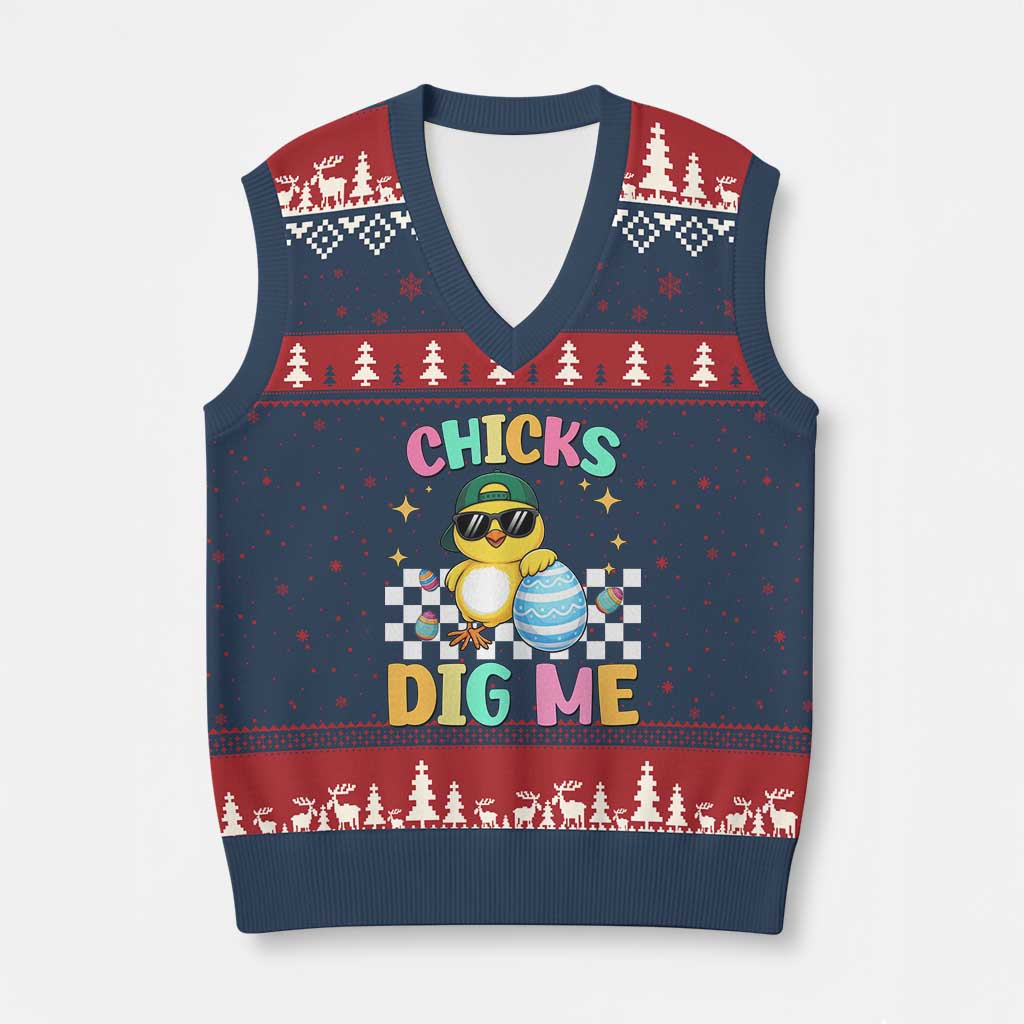 Chicks Dig Me V-Neck Knit Sweater Vest Funny Easter Chick