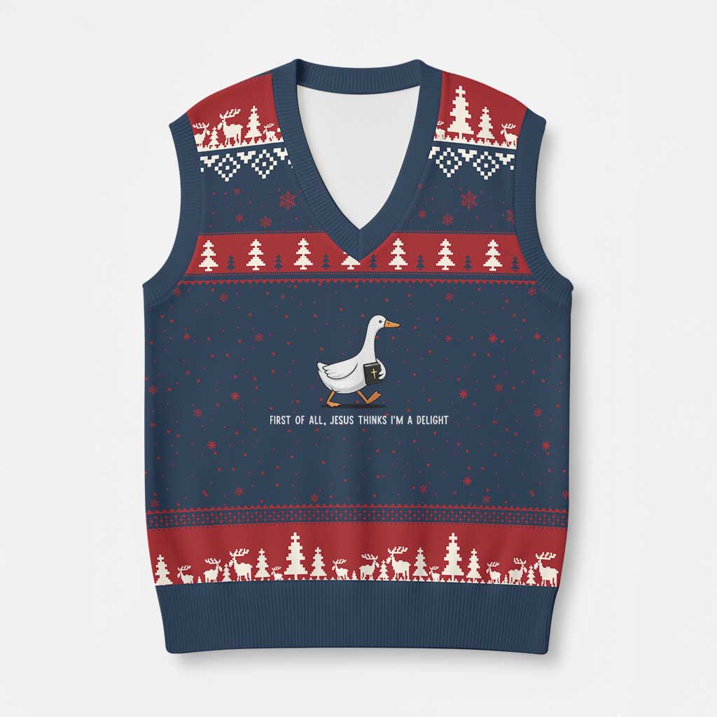 Jesus Thinks I'm A Delight V-Neck Knit Sweater Vest Funny Christian Goose Sarcastic