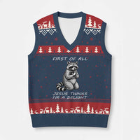 First of All Jesus Thinks I'm A Delight V-Neck Knit Sweater Vest Funny Raccoon Christian