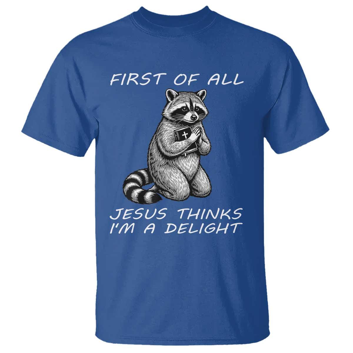 First of All Jesus Thinks I'm A Delight T Shirt Funny Raccoon Christian