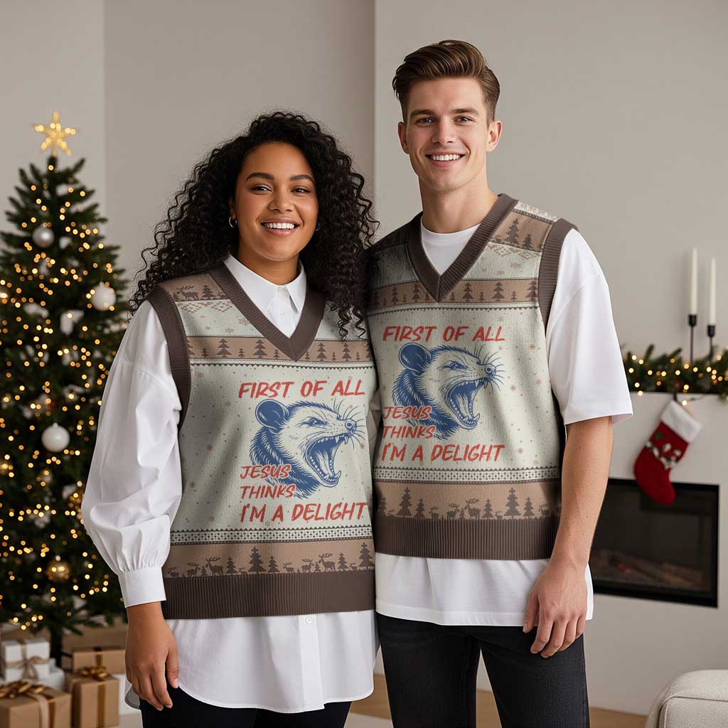 First of All Jesus Thinks I'm A Delight V-Neck Knit Sweater Vest Funny Opossum Christian