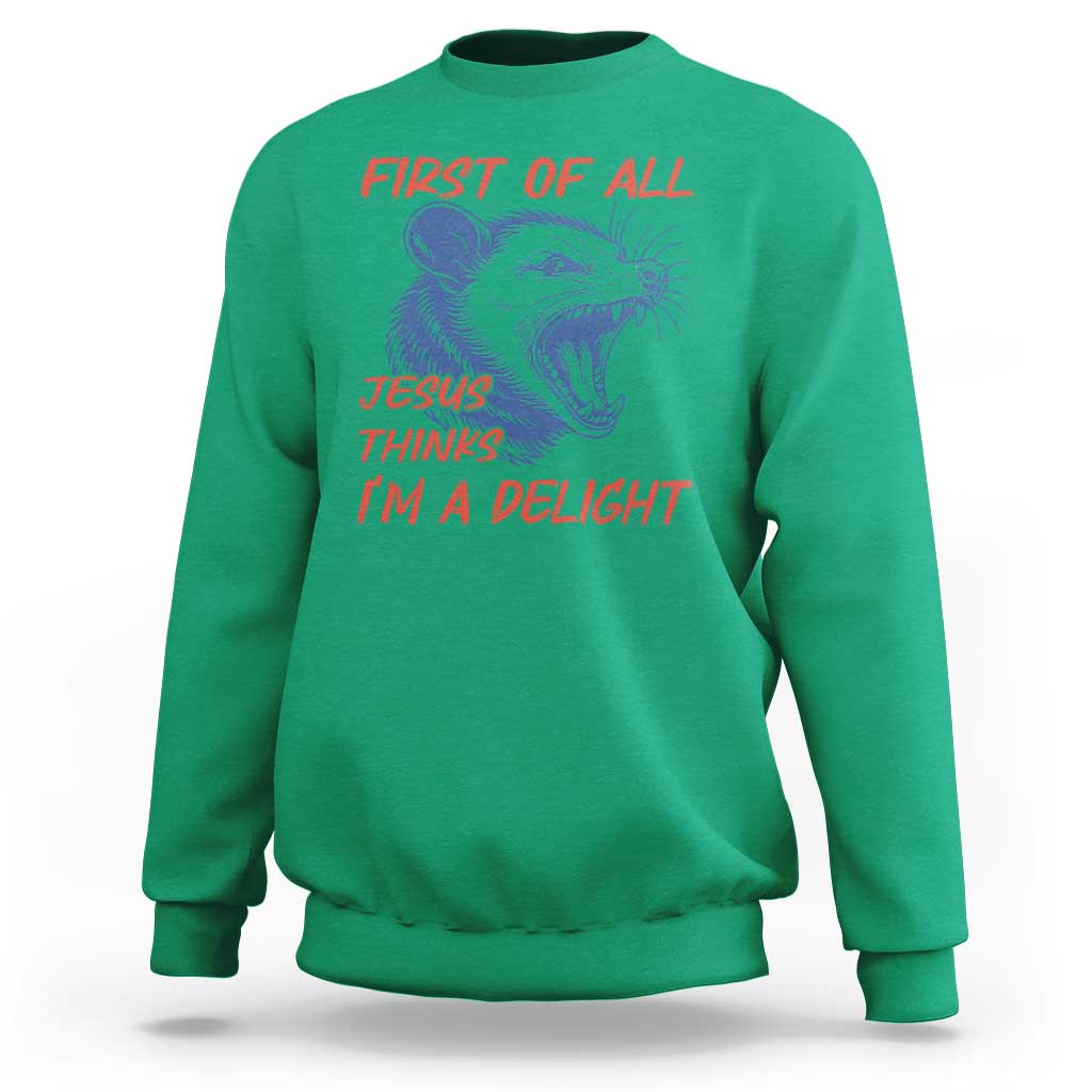 First of All Jesus Thinks I'm A Delight Sweatshirt Funny Opossum Christian