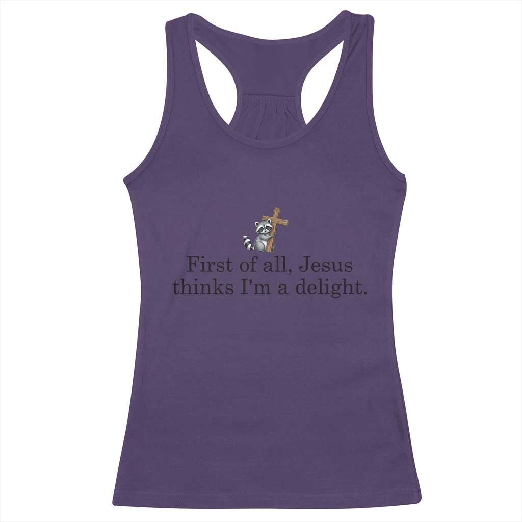 Funny Christian Raccoon Racerback Tank Top Sarcastic Jesus Thinks I'm A Delight
