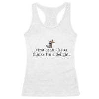 Funny Christian Raccoon Racerback Tank Top Sarcastic Jesus Thinks I'm A Delight