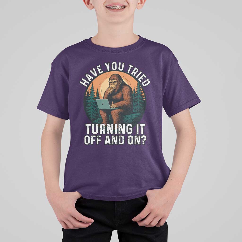 Funny Bigfoot Tech Support T Shirt For Kid Have You Tried Turning It Off And On Sasquatsch Computer - Wonder Print Shop