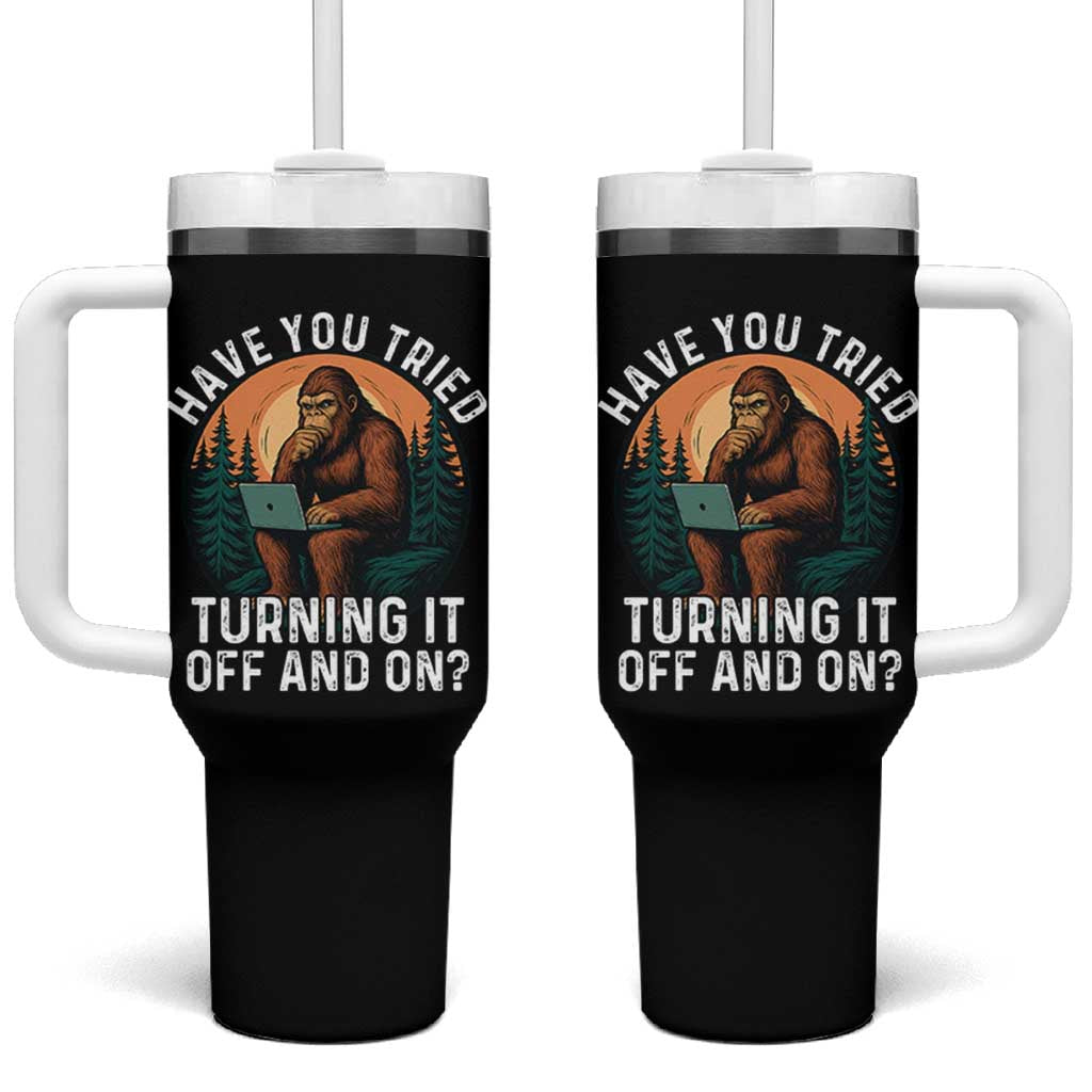 Funny Bigfoot Tech Support Tumbler With Handle Have You Tried Turning It Off And On Sasquatsch Computer