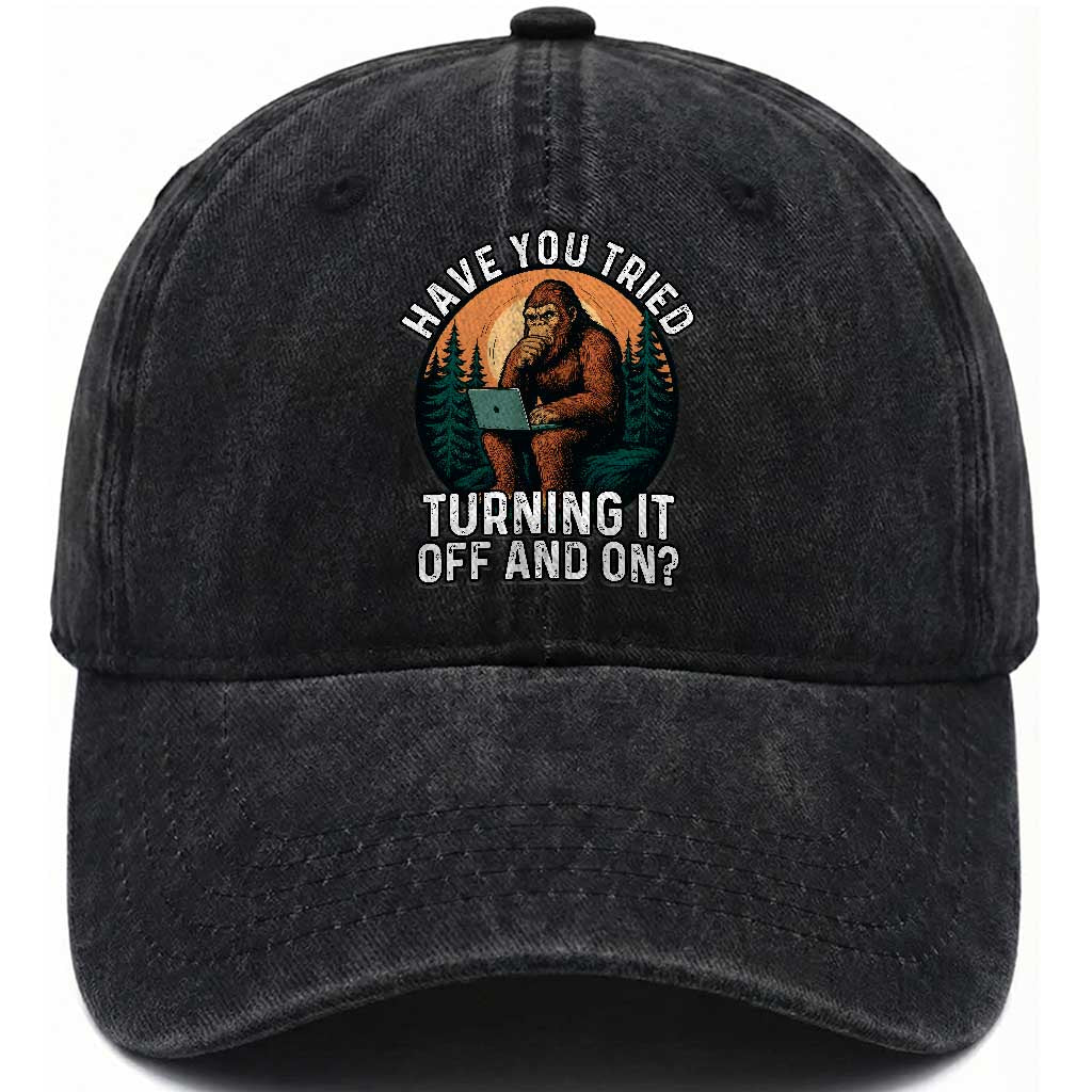 Funny Bigfoot Tech Support Washed Cotton Baseball Cap Have You Tried Turning It Off And On Sasquatsch Computer