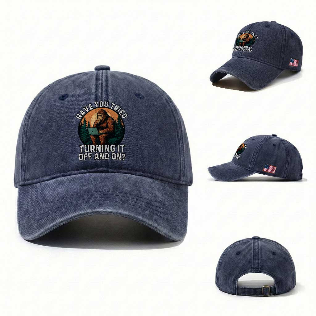 Funny Bigfoot Tech Support Washed Cotton Baseball Cap Have You Tried Turning It Off And On Sasquatsch Computer