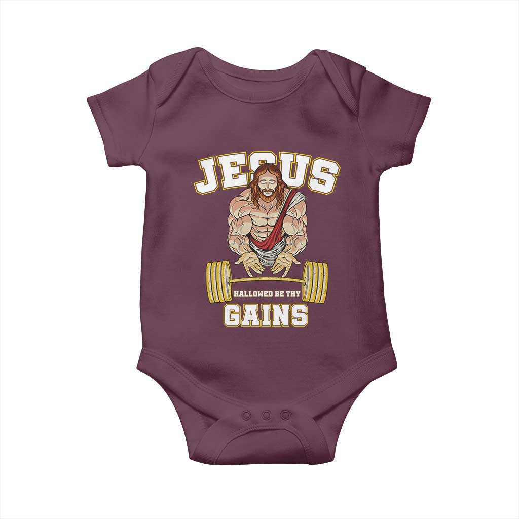Funny Jesus Gym Baby Onesie Hallowed Be Thy Gains - Wonder Print Shop