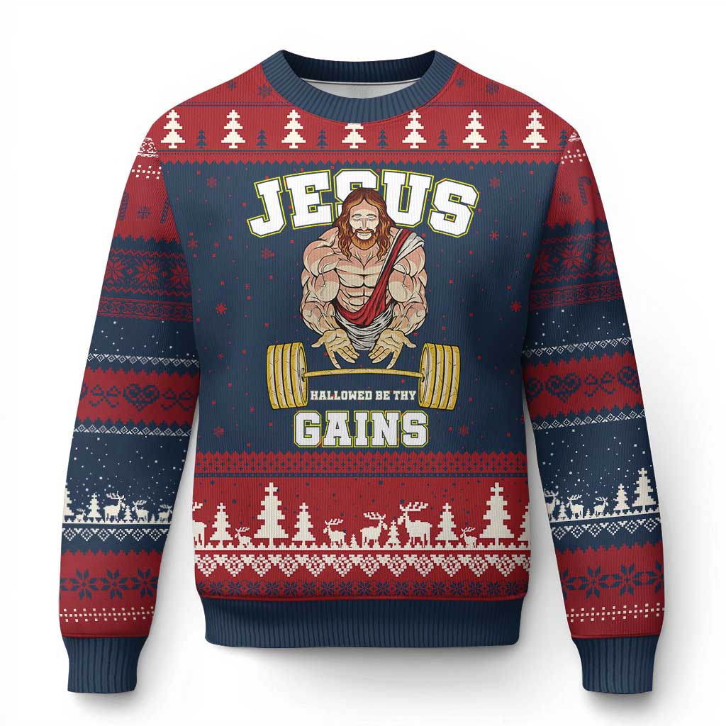 Funny Jesus Gym Ugly Christmas Sweater Hallowed Be Thy Gains - Wonder Print Shop