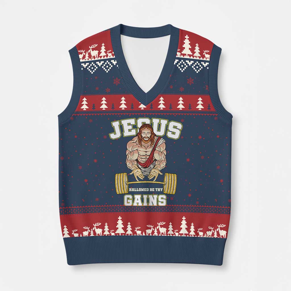 Funny Jesus Gym V-Neck Knit Sweater Vest Hallowed Be Thy Gains - Wonder Print Shop