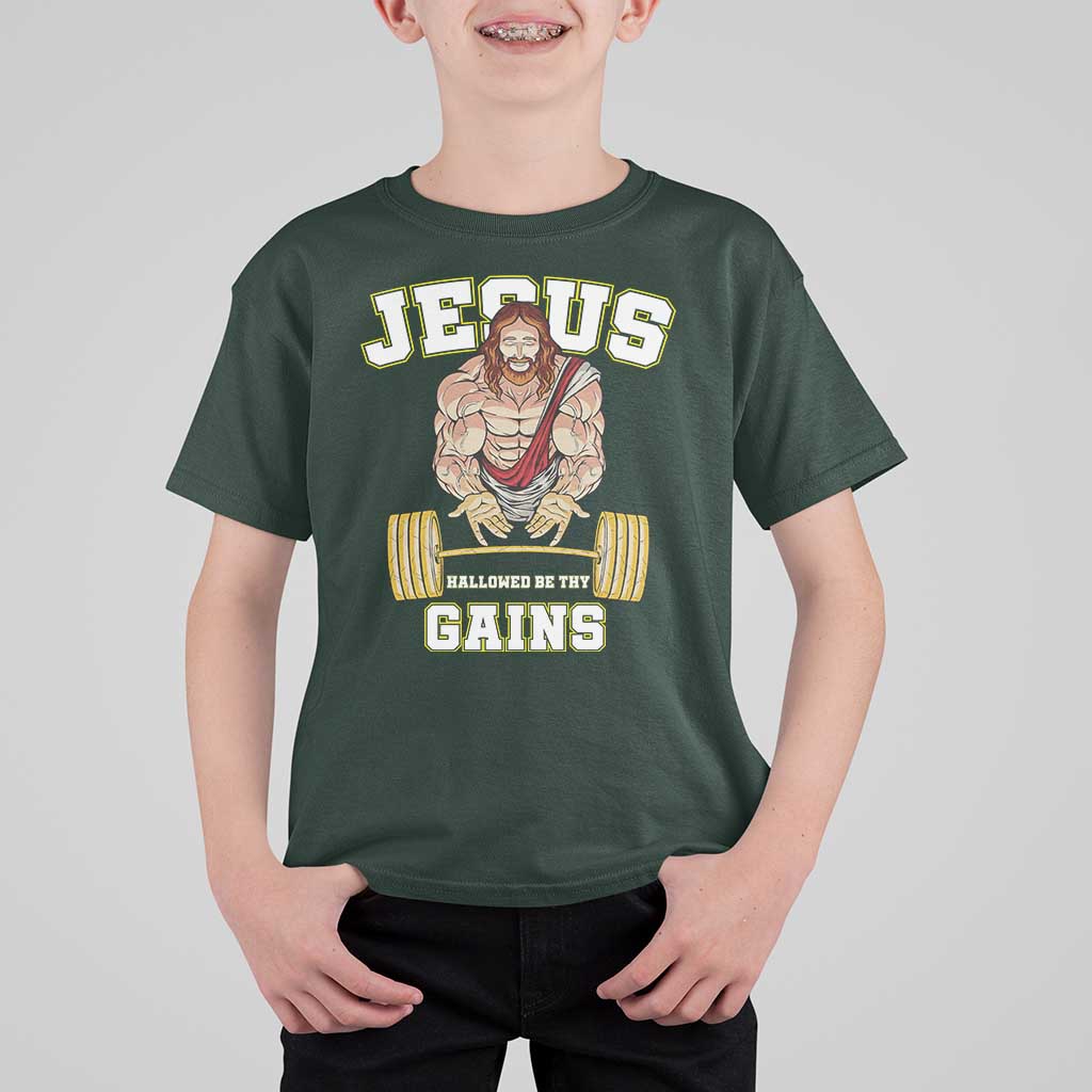 Funny Jesus Gym T Shirt For Kid Hallowed Be Thy Gains - Wonder Print Shop
