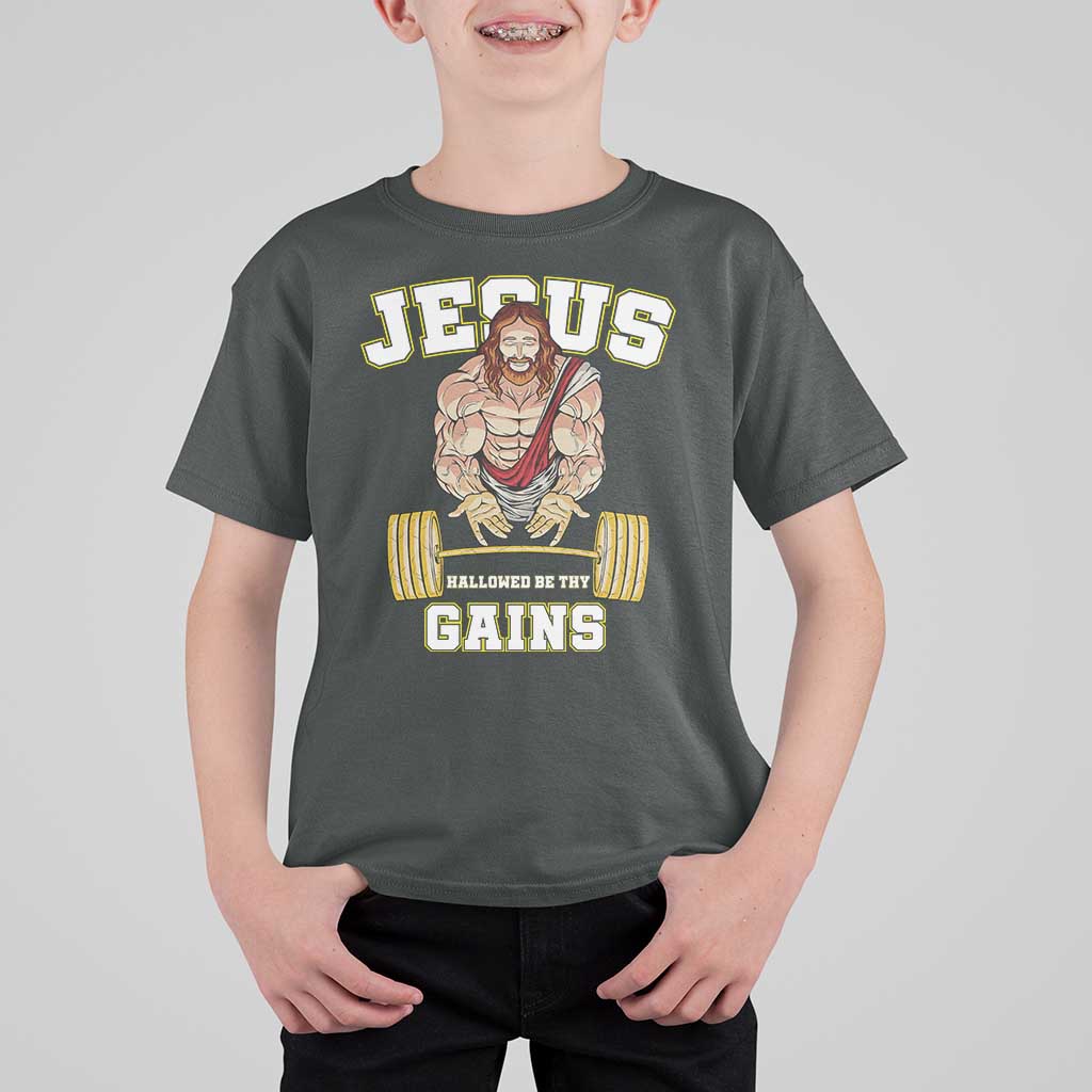Funny Jesus Gym T Shirt For Kid Hallowed Be Thy Gains - Wonder Print Shop