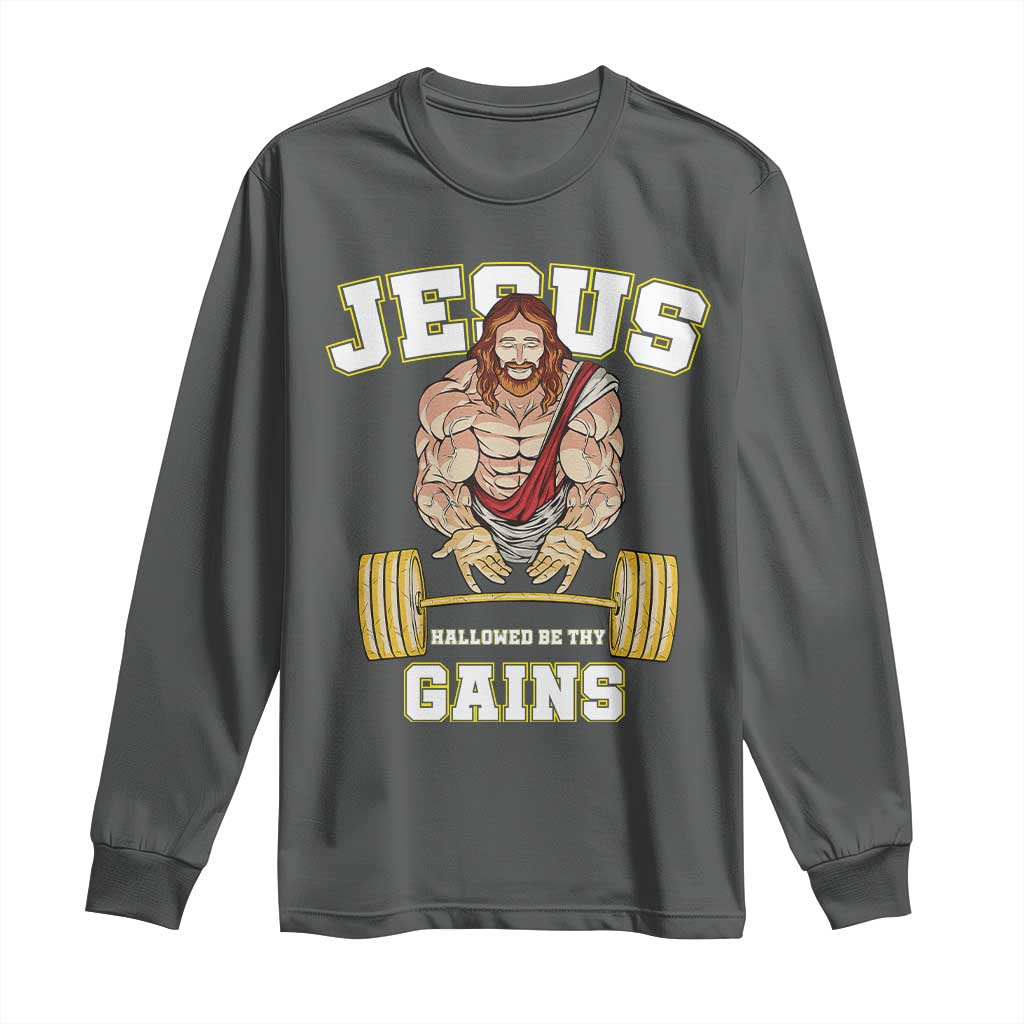 Funny Jesus Gym Long Sleeve Shirt Hallowed Be Thy Gains - Wonder Print Shop