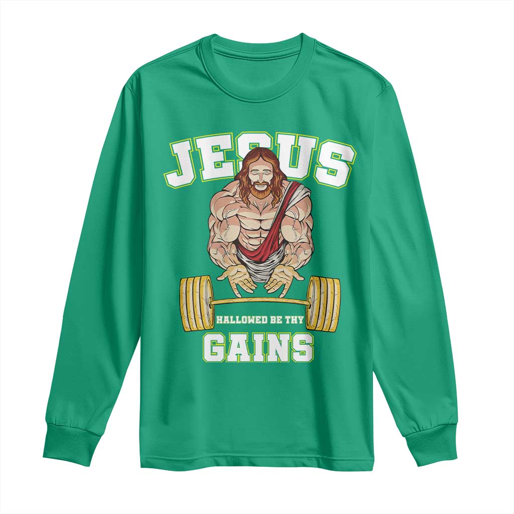 Funny Jesus Gym Long Sleeve Shirt Hallowed Be Thy Gains - Wonder Print Shop