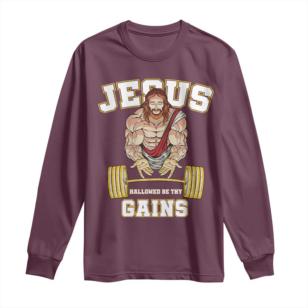 Funny Jesus Gym Long Sleeve Shirt Hallowed Be Thy Gains - Wonder Print Shop
