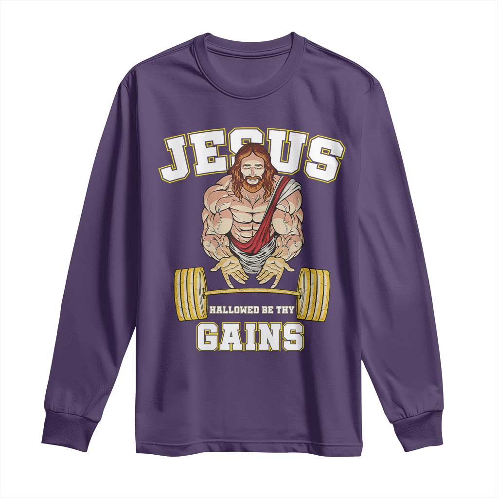Funny Jesus Gym Long Sleeve Shirt Hallowed Be Thy Gains - Wonder Print Shop