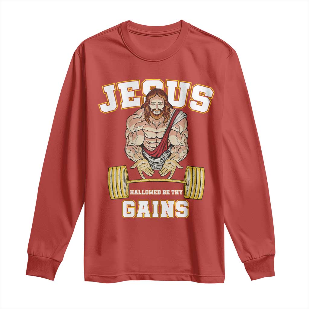 Funny Jesus Gym Long Sleeve Shirt Hallowed Be Thy Gains - Wonder Print Shop