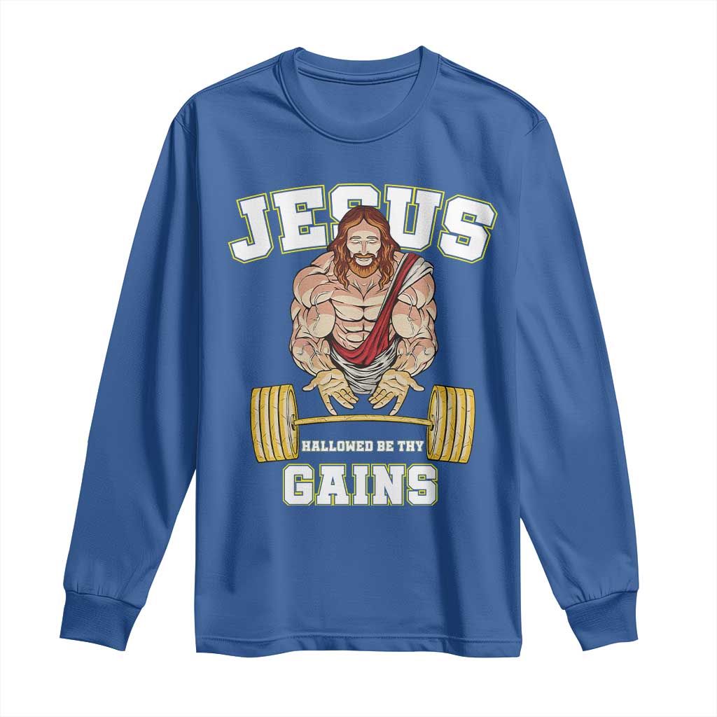 Funny Jesus Gym Long Sleeve Shirt Hallowed Be Thy Gains - Wonder Print Shop