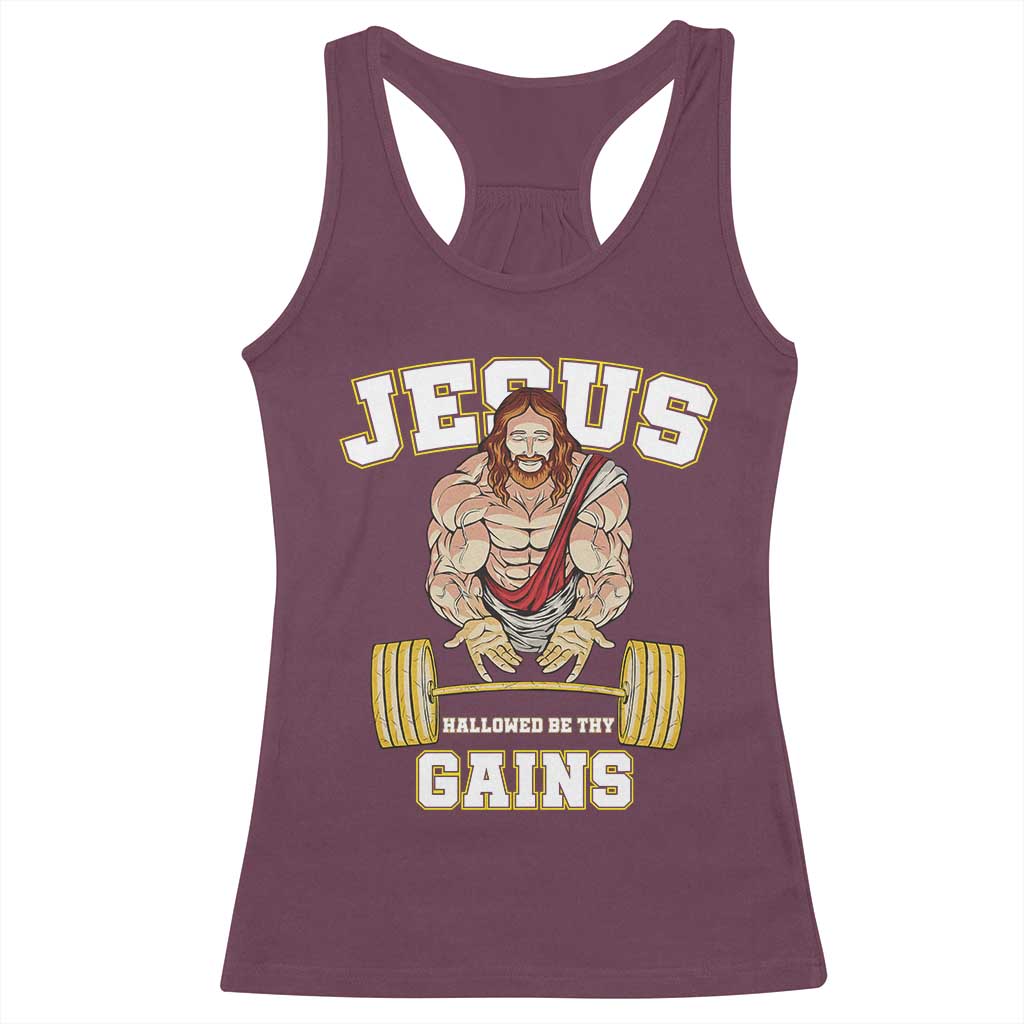 Funny Jesus Gym Racerback Tank Top Hallowed Be Thy Gains - Wonder Print Shop