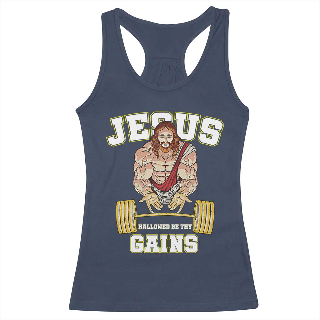 Funny Jesus Gym Racerback Tank Top Hallowed Be Thy Gains - Wonder Print Shop