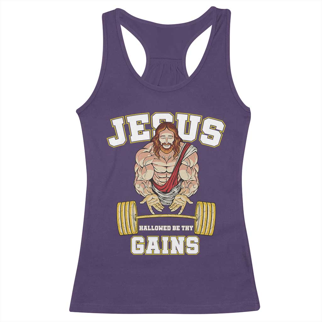 Funny Jesus Gym Racerback Tank Top Hallowed Be Thy Gains - Wonder Print Shop