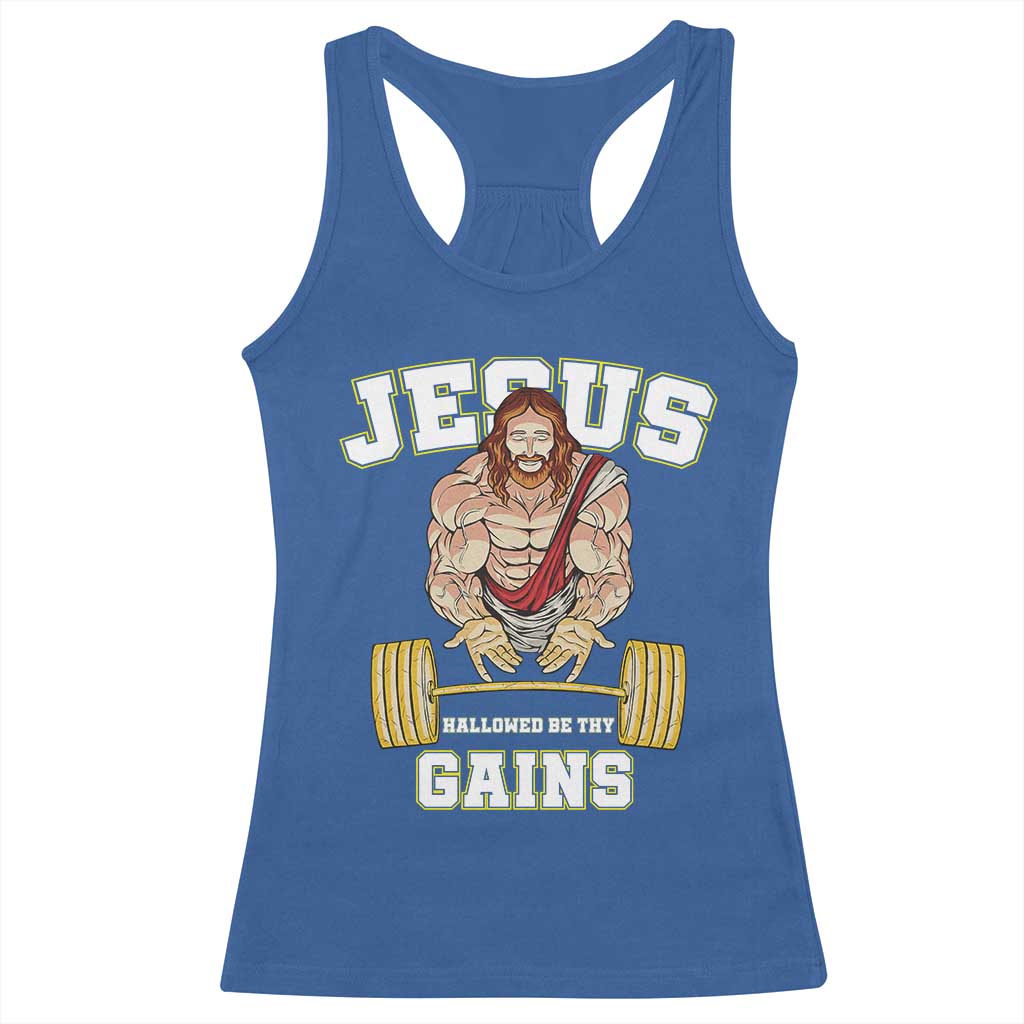 Funny Jesus Gym Racerback Tank Top Hallowed Be Thy Gains - Wonder Print Shop