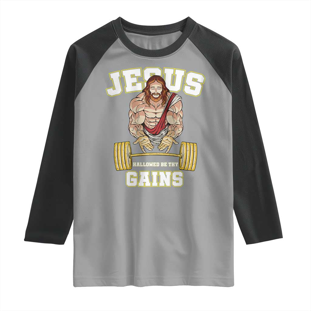 Funny Jesus Gym Raglan Shirt Hallowed Be Thy Gains - Wonder Print Shop