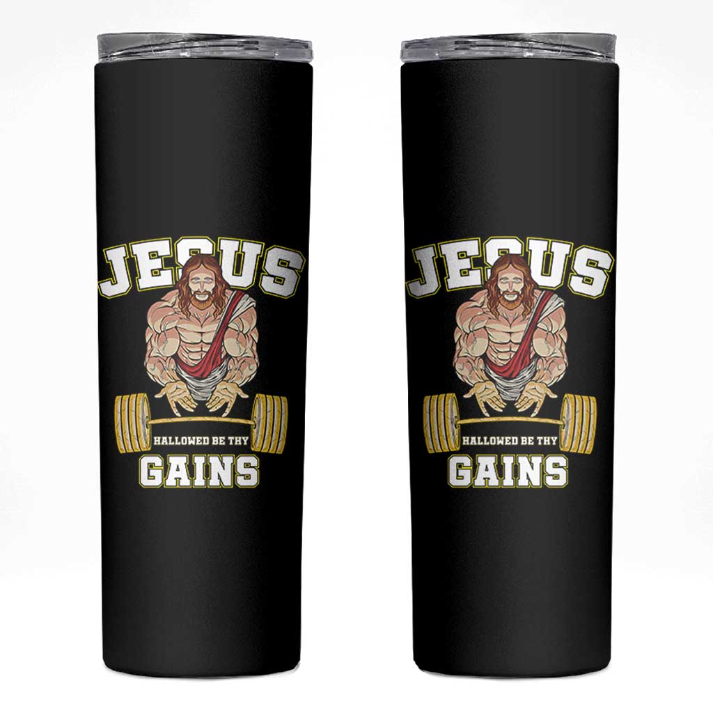 Funny Jesus Gym Skinny Tumbler Hallowed Be Thy Gains - Wonder Print Shop