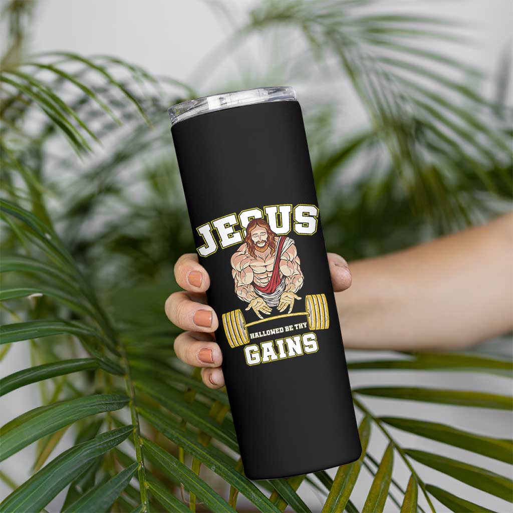 Funny Jesus Gym Skinny Tumbler Hallowed Be Thy Gains - Wonder Print Shop