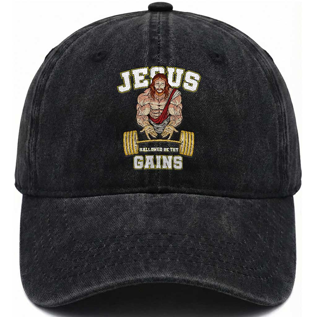 Funny Jesus Gym Washed Cotton Baseball Cap Hallowed Be Thy Gains
