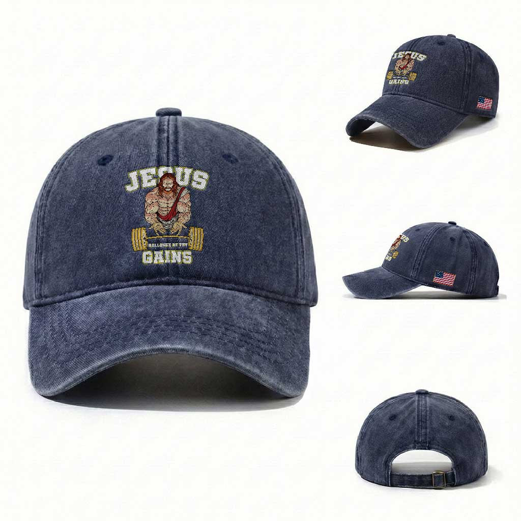Funny Jesus Gym Washed Cotton Baseball Cap Hallowed Be Thy Gains