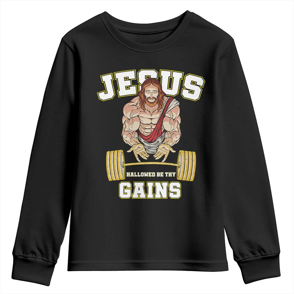 Funny Jesus Gym Youth Sweatshirt Hallowed Be Thy Gains - Wonder Print Shop