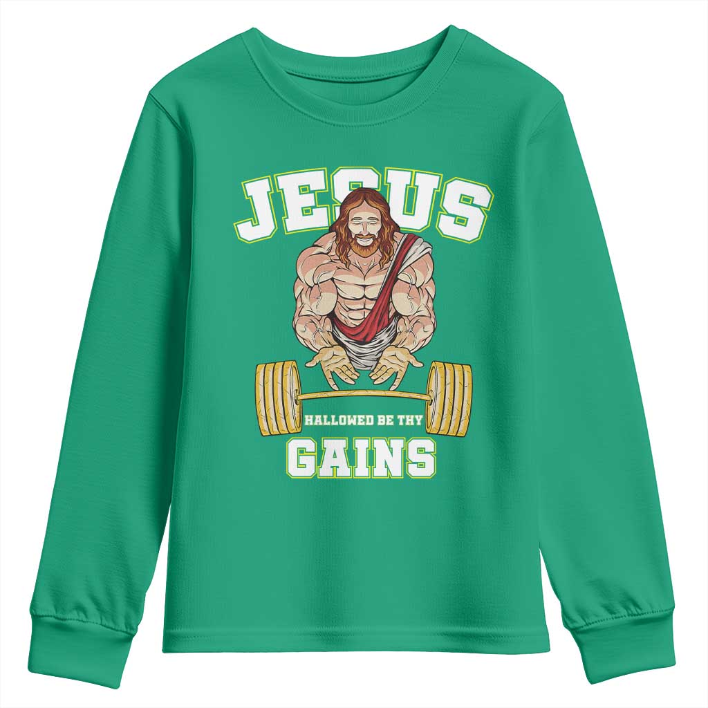 Funny Jesus Gym Youth Sweatshirt Hallowed Be Thy Gains - Wonder Print Shop