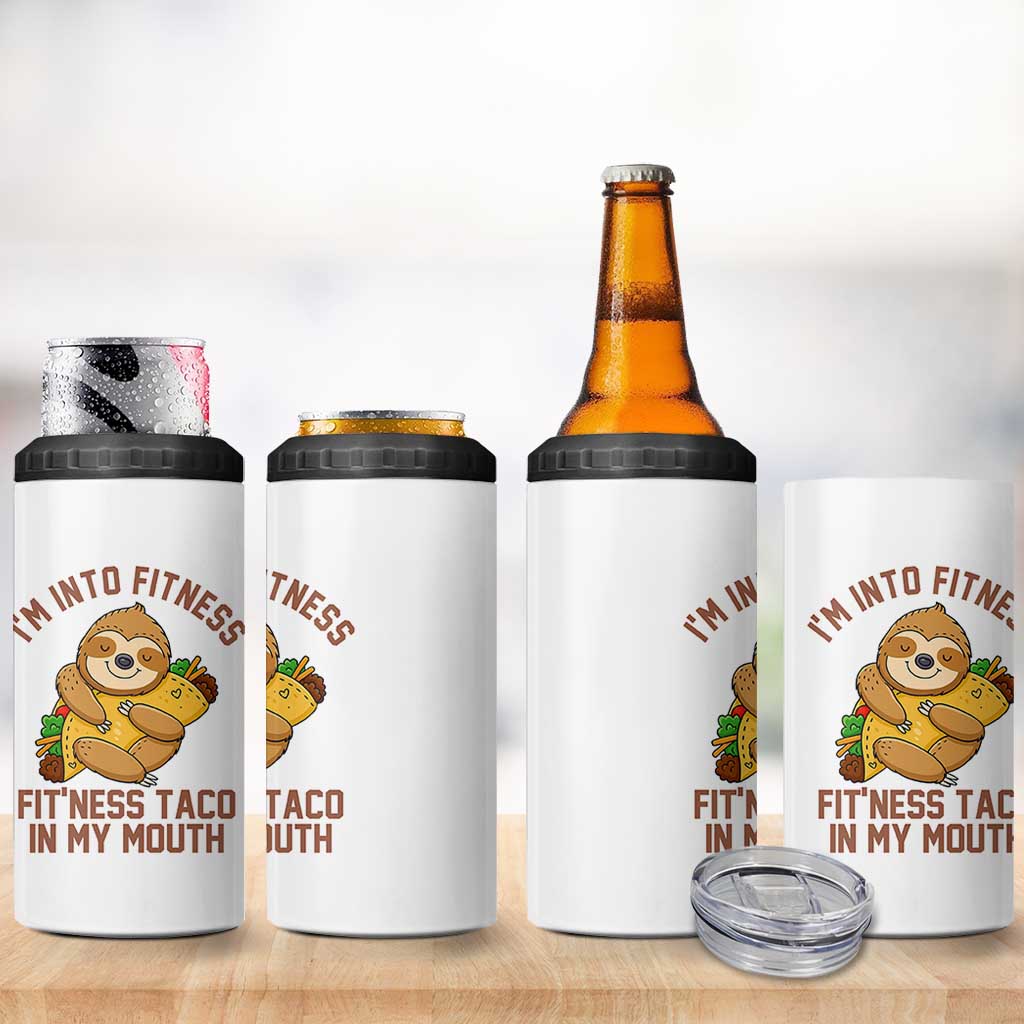 Funny Sloth Taco Gym 4 in 1 Can Cooler Tumbler I'm Into Fitness Taco In My Mouth
