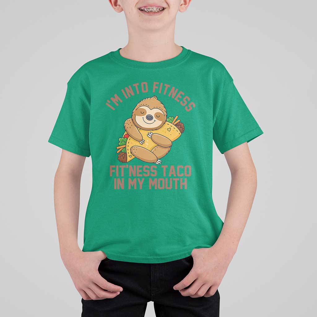 Funny Sloth Taco Gym T Shirt For Kid I'm Into Fitness Taco In My Mouth - Wonder Print Shop