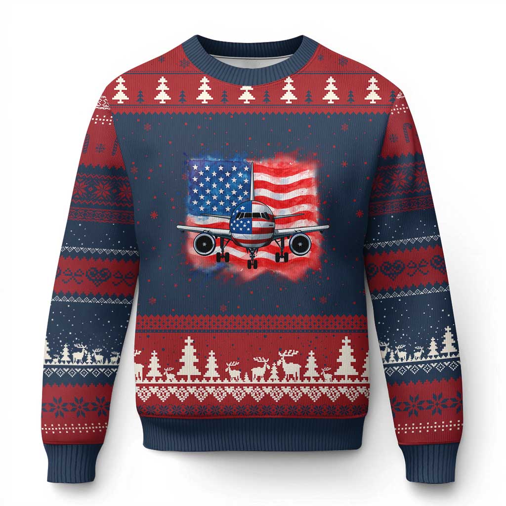Pilot Airplane Patriotic American Flag Plane Aviation Ugly Christmas Sweater - Wonder Print Shop