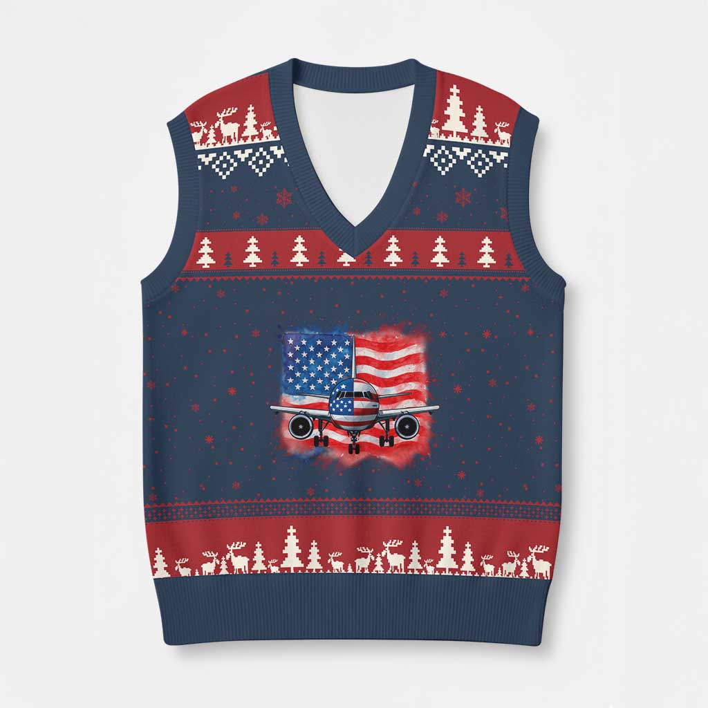 Pilot Airplane Patriotic American Flag Plane Aviation V-Neck Knit Sweater Vest - Wonder Print Shop
