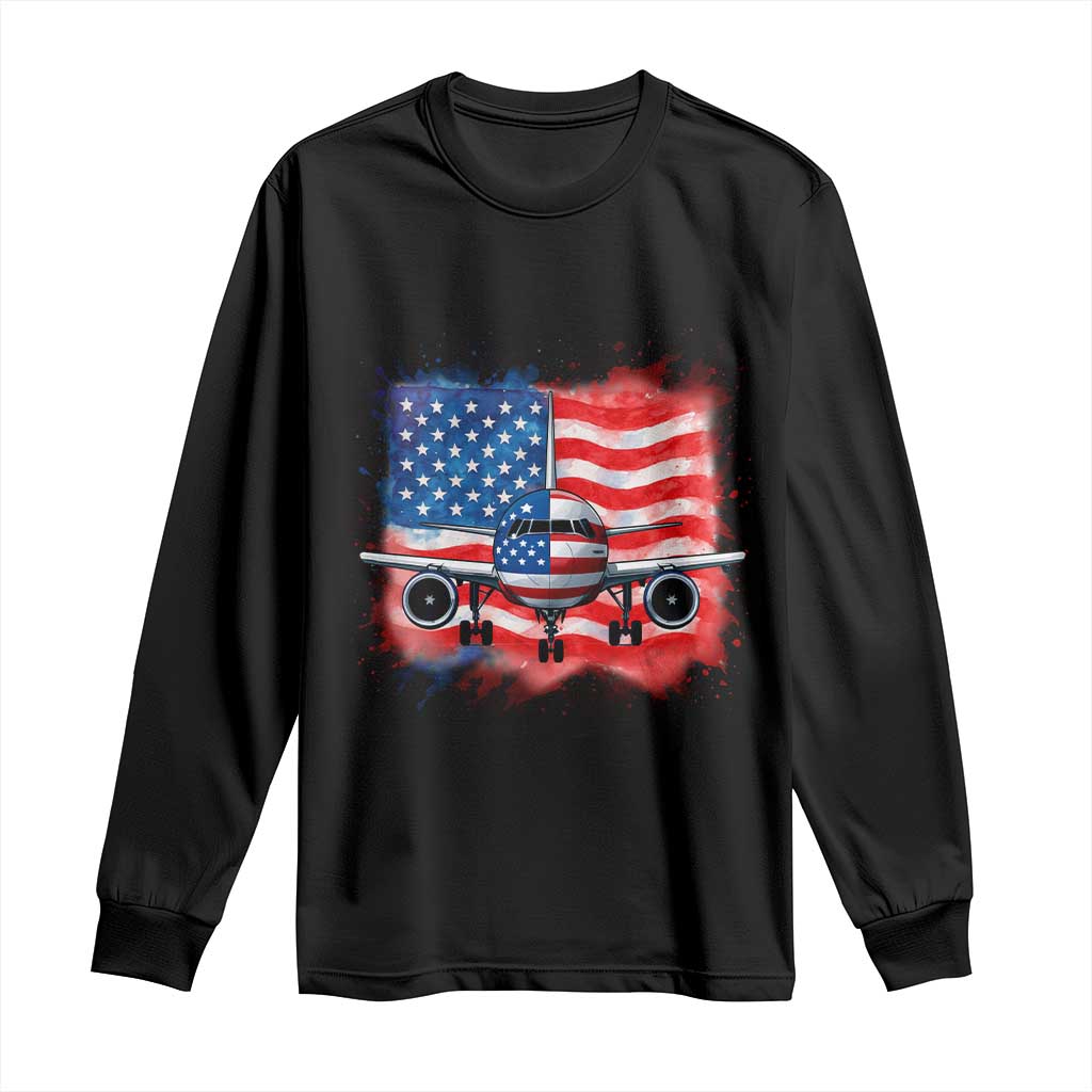 Pilot Airplane Patriotic American Flag Plane Aviation Long Sleeve Shirt - Wonder Print Shop