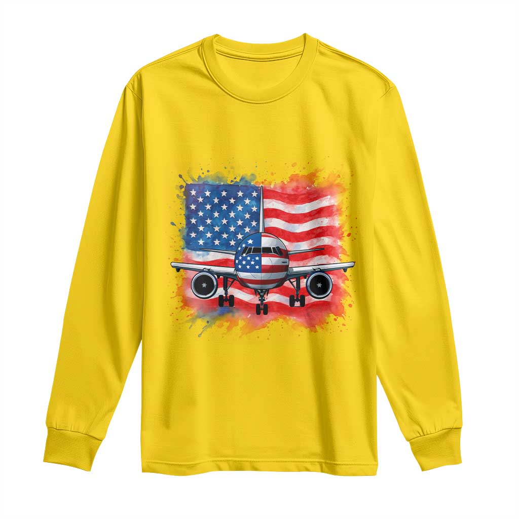 Pilot Airplane Patriotic American Flag Plane Aviation Long Sleeve Shirt - Wonder Print Shop