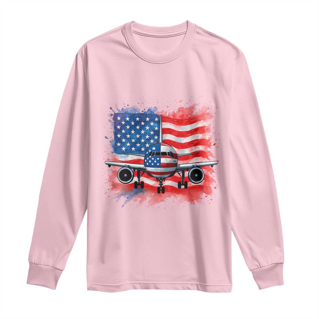 Pilot Airplane Patriotic American Flag Plane Aviation Long Sleeve Shirt - Wonder Print Shop