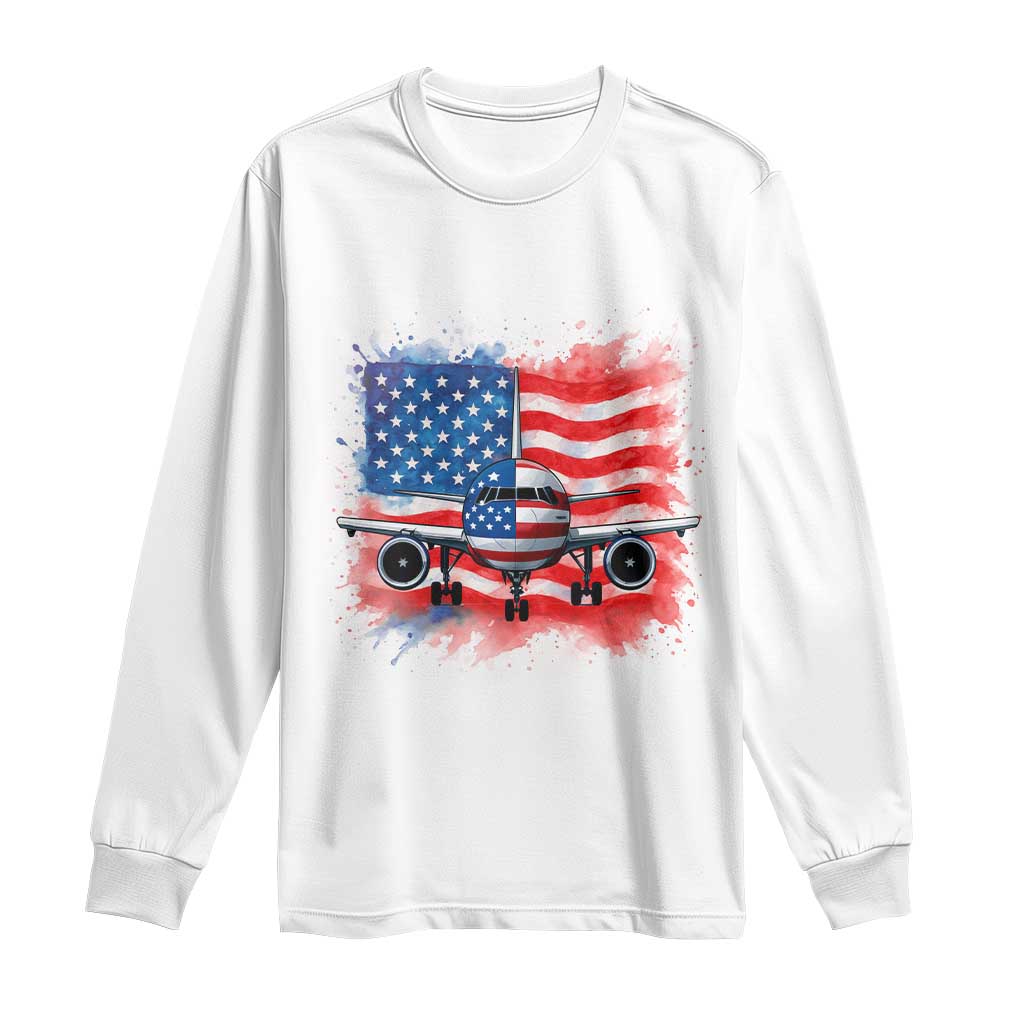 Pilot Airplane Patriotic American Flag Plane Aviation Long Sleeve Shirt - Wonder Print Shop