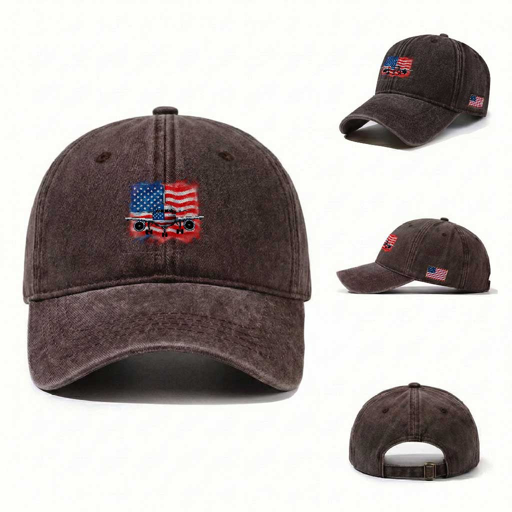Pilot Airplane Patriotic American Flag Plane Aviation Washed Cotton Baseball Cap