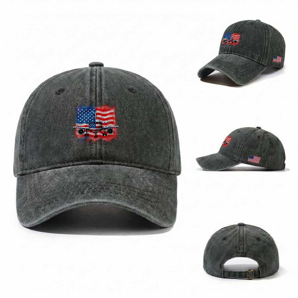 Pilot Airplane Patriotic American Flag Plane Aviation Washed Cotton Baseball Cap