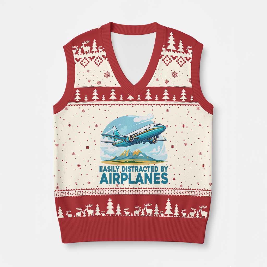 Funny Pilot Aviation V-Neck Knit Sweater Vest Easily Distracted By Airplanes Lover - Wonder Print Shop