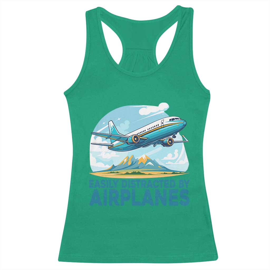 Funny Pilot Aviation Racerback Tank Top Easily Distracted By Airplanes Lover - Wonder Print Shop